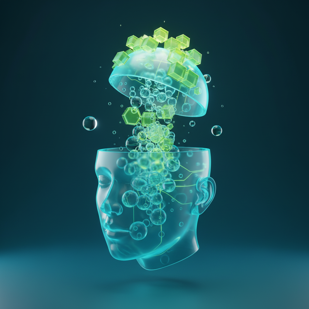 Prompt: A stylized 3D glass human face in a three-quarter profile view, smooth and featureless with no eyes, nose, or mouth details — just a clean, sculpted, mannequin-like glass head form with elegant contours. The top of the skull is open, sliced cleanly as if the cranium has been removed like a lid, revealing a hollow interior. From inside the open head, dozens of glass bubbles of varying sizes are rising upward in a controlled, organized column — not chaotic but structured, like a deliberate output being manufactured from within. The lower bubbles near the head are small, tightly packed, and perfectly spherical. As they rise higher, the bubbles grow larger and some begin to take defined geometric shapes — cubes, hexagons, pyramids — representing raw ideas being engineered into structured, scalable output. The highest floating shapes at the top are fully formed glass architectural blocks that interlock with each other like building components, representing AI that has been built into production-grade systems. A few bubbles on the outer edges remain round and drift away unconnected — representing the hopes and hype that never materialized into structure. Inside the hollow head, faint glass circuit traces and neural pathway lines glow along the inner walls, representing the engineered foundation. The face itself is serene and still while the construction happens above it — calm precision, not frantic effort. The entire scene is rendered in fluid glass morphism style. The face, open cranium, bubbles, geometric shapes, architectural blocks, and inner circuit traces are all made of thick, glossy, translucent glass with smooth rounded edges and visible depth. The glass surfaces have a vibrant cyan-to-lime gradient (#02C8FF to #D4E71B) flowing through them — deeper cyan on the face, lower bubbles, and inner cranium walls transitioning to lime-yellow on the rising geometric shapes, interlocking architectural blocks, and glowing circuit traces. The fully formed blocks at the top glow brightest as the focal point. The drifting unconnected bubbles remain dim and fading. Glowing edges and soft ambient light on all elements. Iridescent highlights, light refractions, and caustics visible on all glass surfaces. Small floating glass droplets and particles scatter around the scene. Hyper-stylized 3D render, fluid glass morphism aesthetic. Viewed from a slight three-quarter angle. Background: a solid deep dark teal (#0A2D3C) — no patterns, no dots, no texture, no reflective floor. Just a clean, smooth, solid dark color. The scene floats in the center with a very subtle soft glow beneath it reflecting the cyan-lime gradient. AI That Performs at Scale Is Built—Not Hoped For